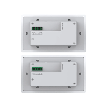Two metallic wall-mounted devices with green indicator lights on a white background
