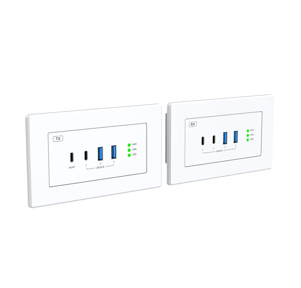 Two white electrical outlets with USB ports and indicator lights on a white background