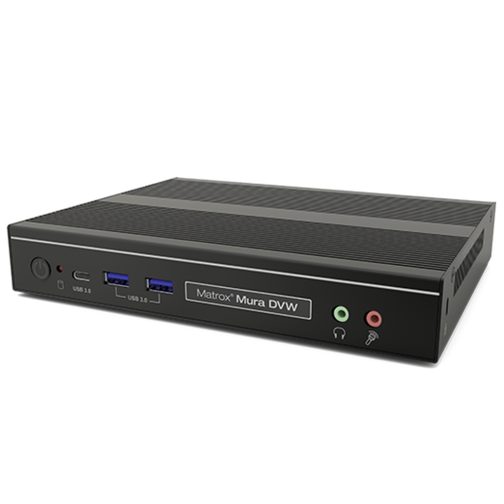 Black electronic device with 'Matrox Mura DVW' branding on a white background