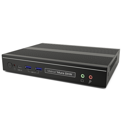 Black electronic device with 'Matrox Mura DVW' branding on a white background