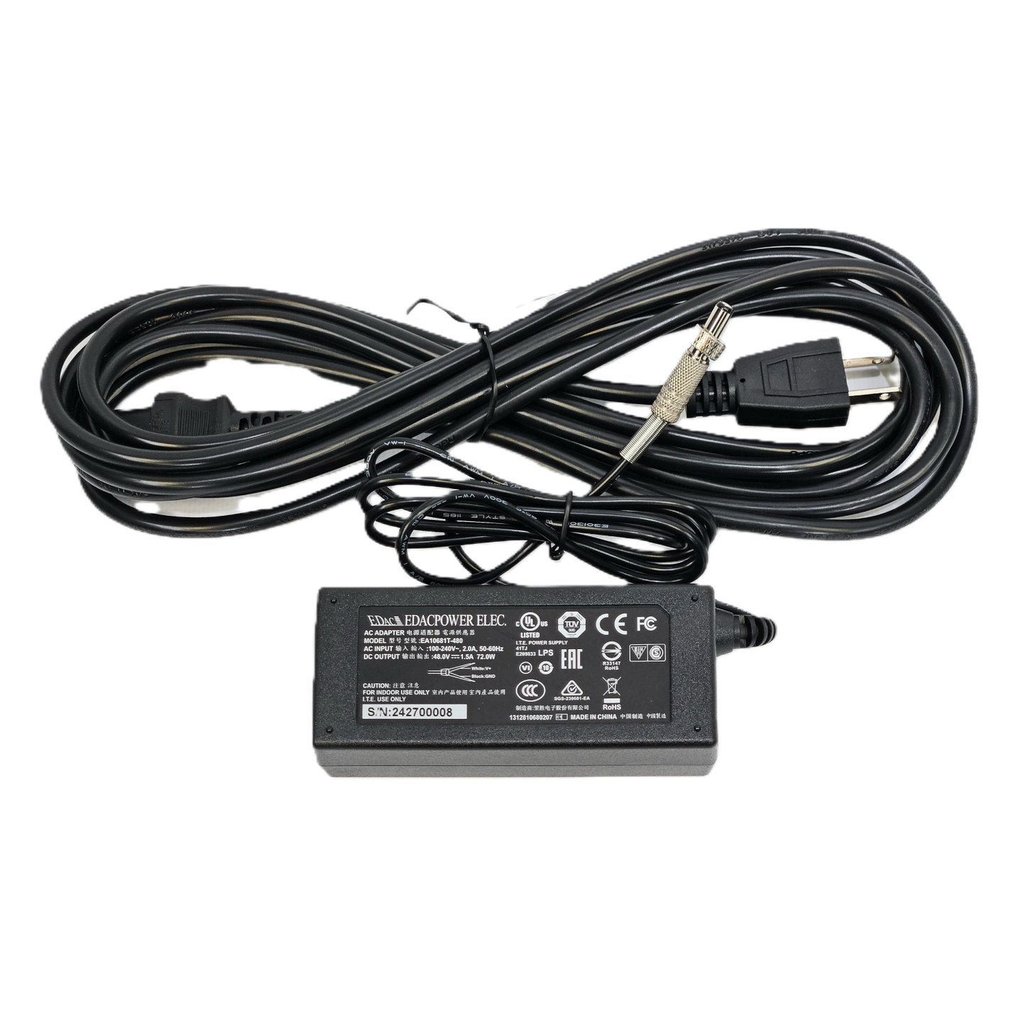 Black power adapter with cable on a white background