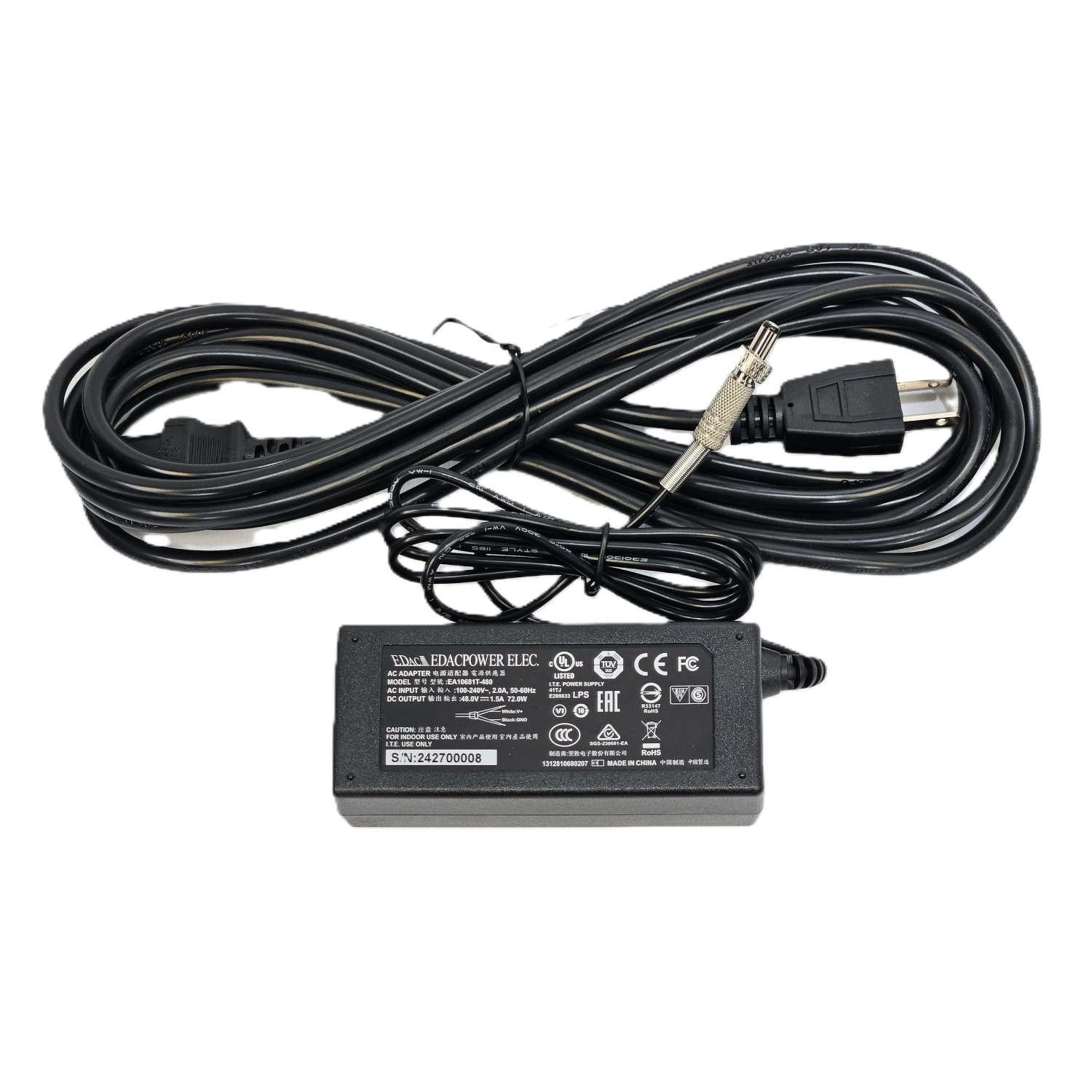 Black power adapter with cable on a white background