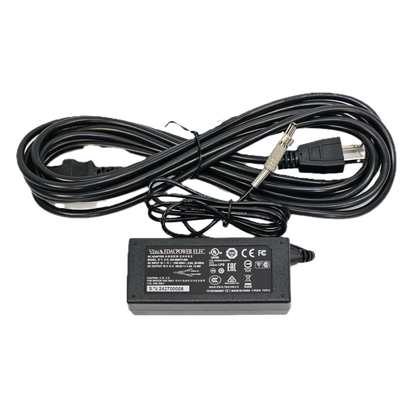 Black power adapter with cable on a white background