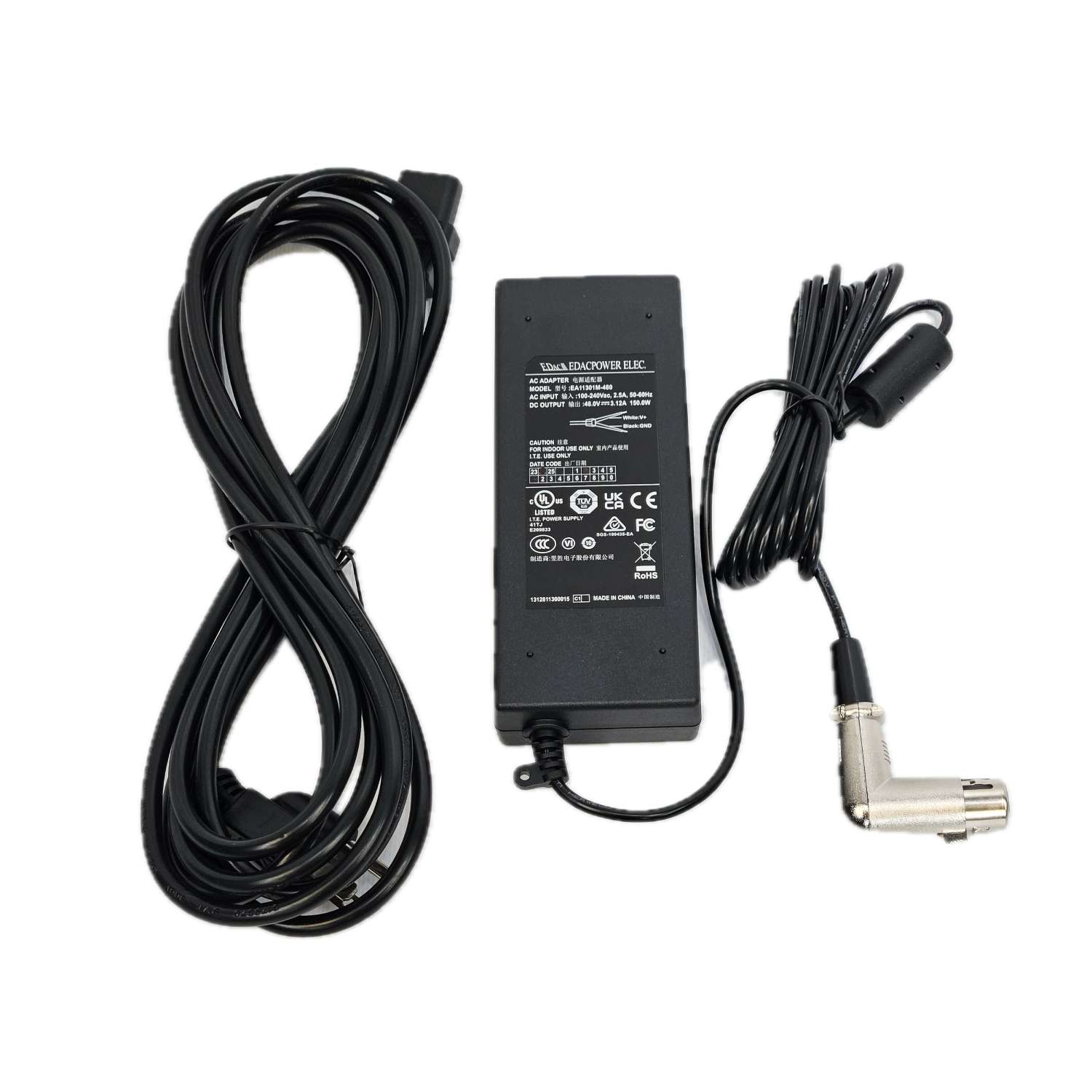 Power adapter with long cable and right-angle plug on a white background
