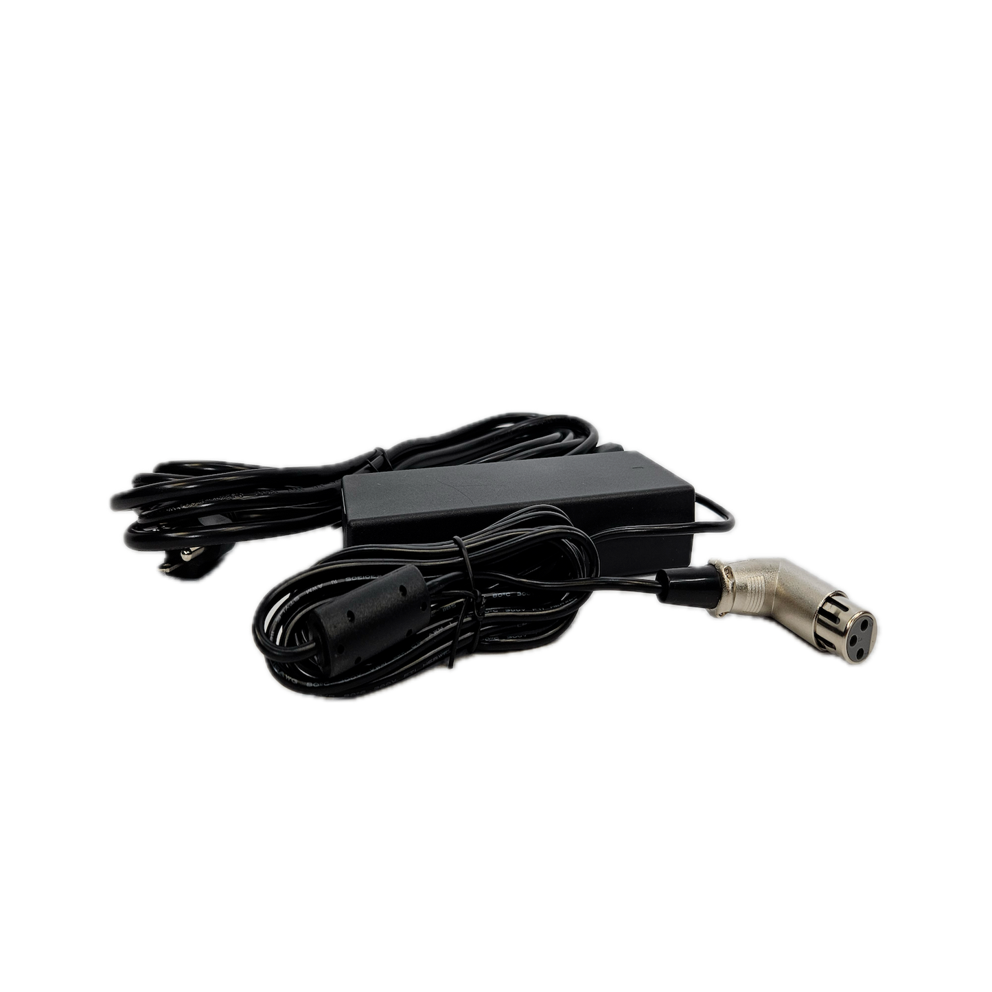 Black power cord with plug on a white background
