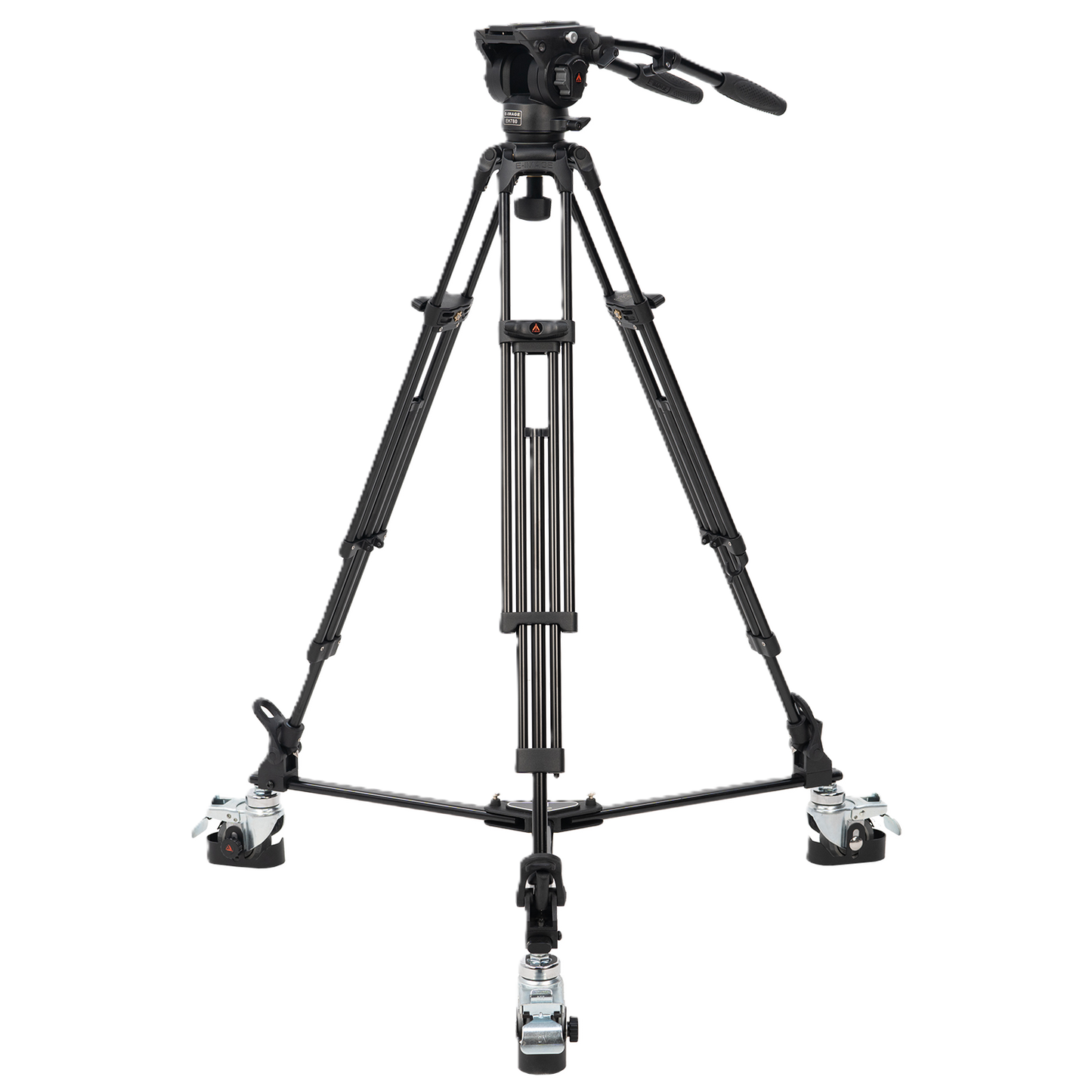 Black camera tripod on a white background
