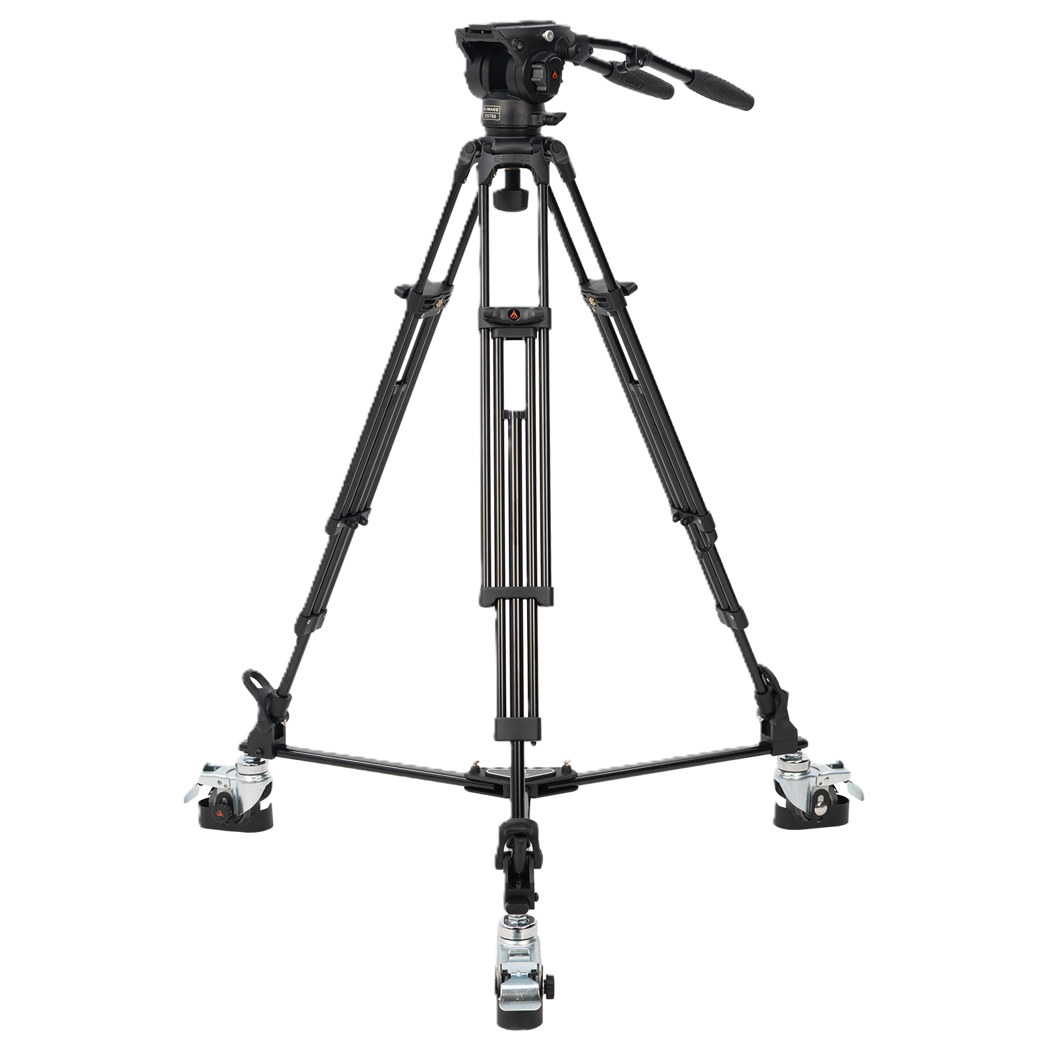 Black camera tripod on a white background