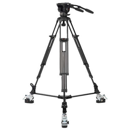 Black camera tripod on a white background