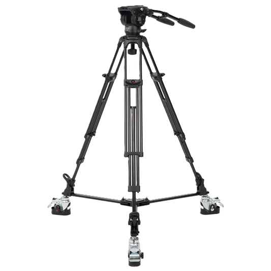 Black camera tripod on a white background