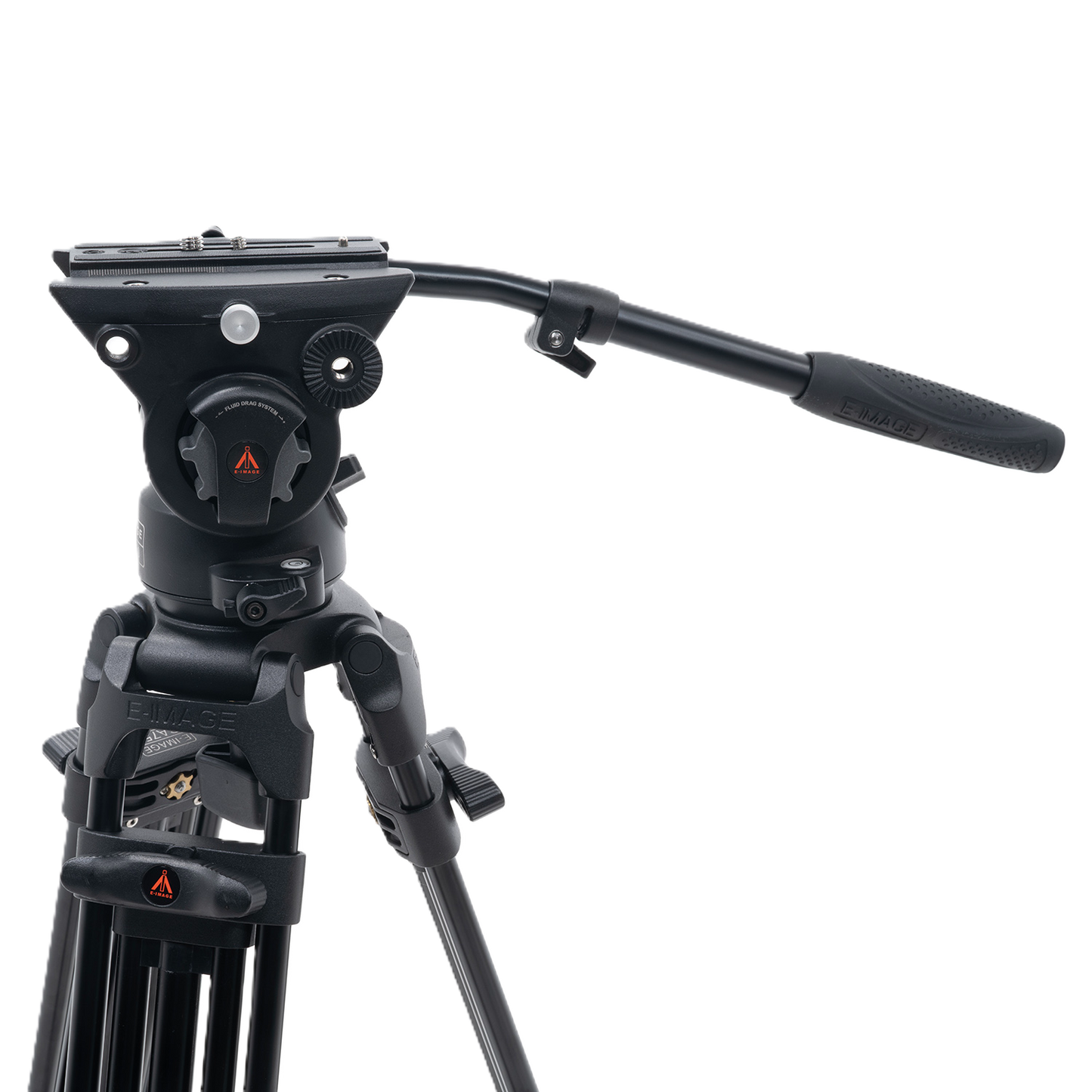 Black video tripod with head on a white background