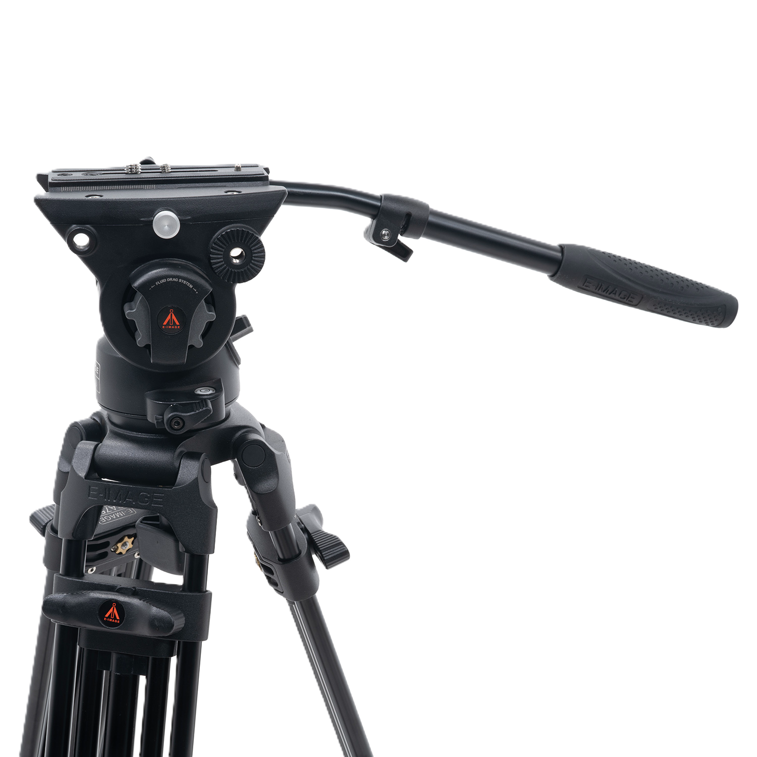 Black video tripod with head on a white background