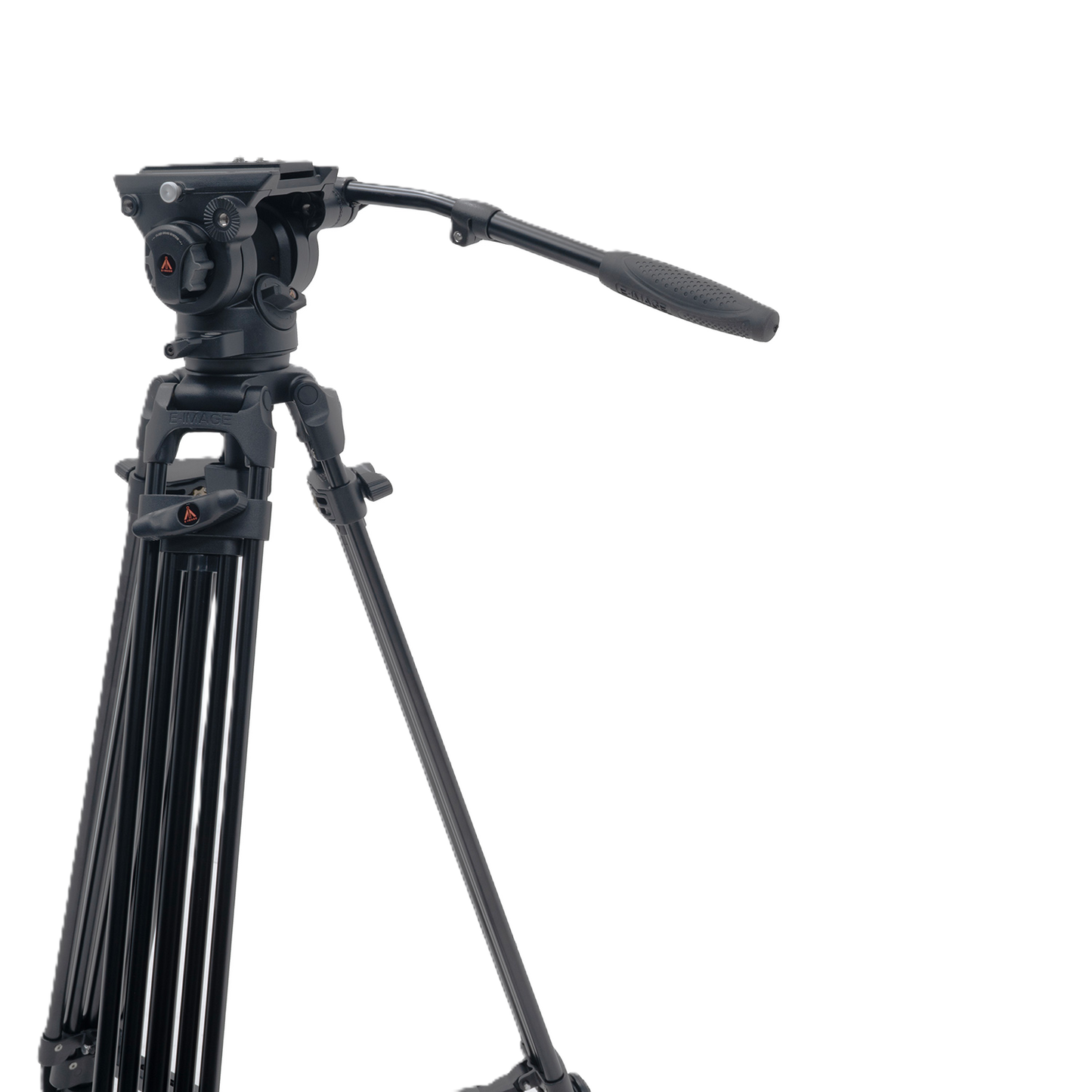 Black video camera tripod with head on a white background
