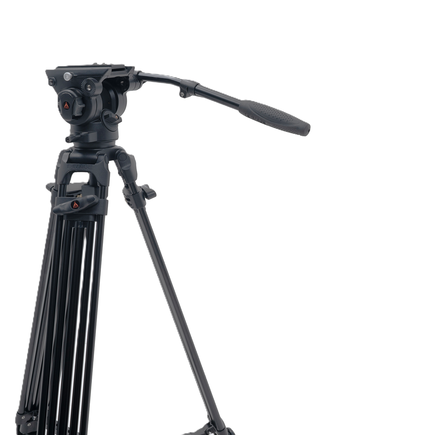 Black video camera tripod with head on a white background