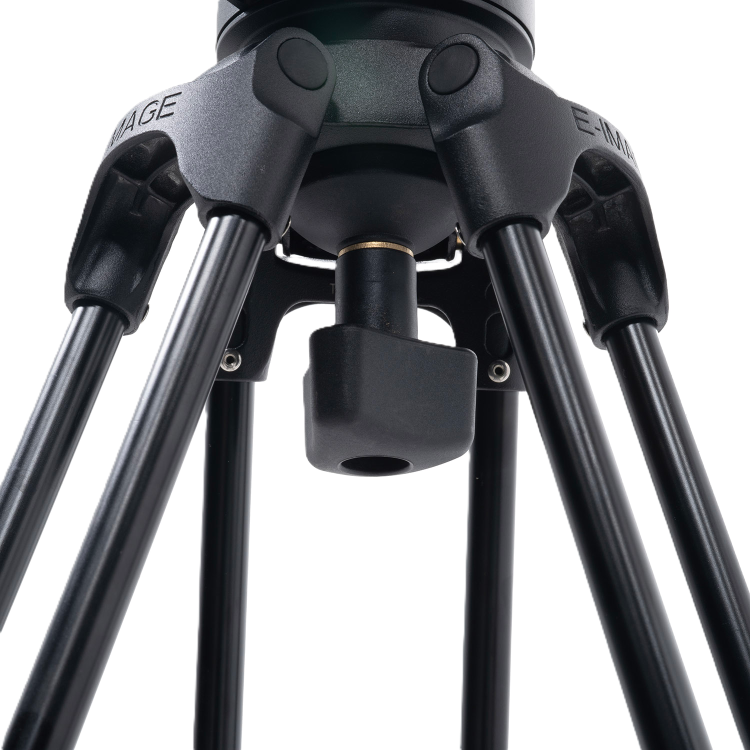 Close-up of a black tripod with brand name on a white background