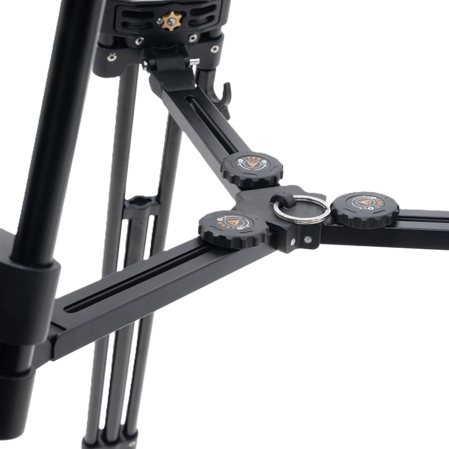 Close-up of a black camera stabilizer on a white background