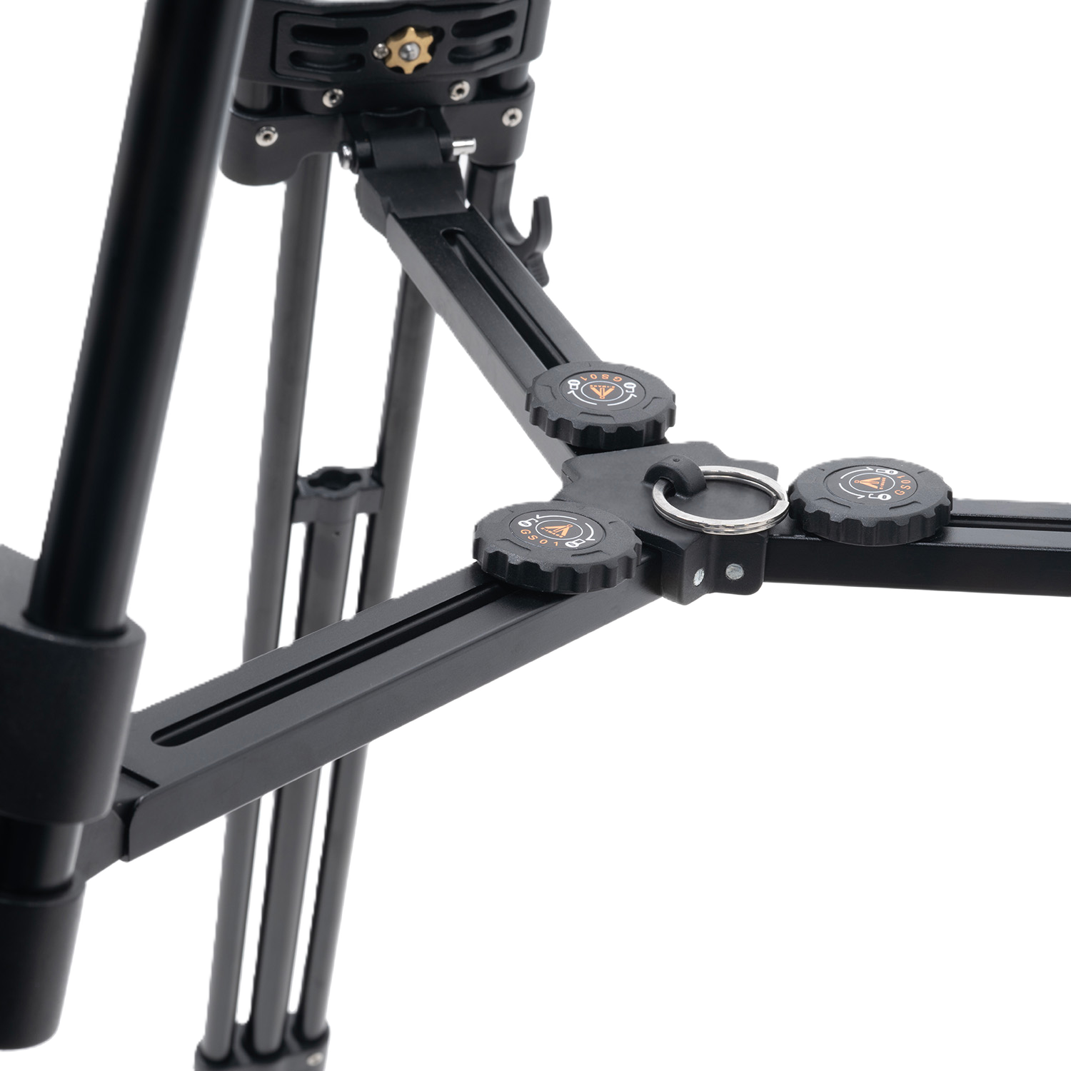 Close-up of a black camera stabilizer on a white background