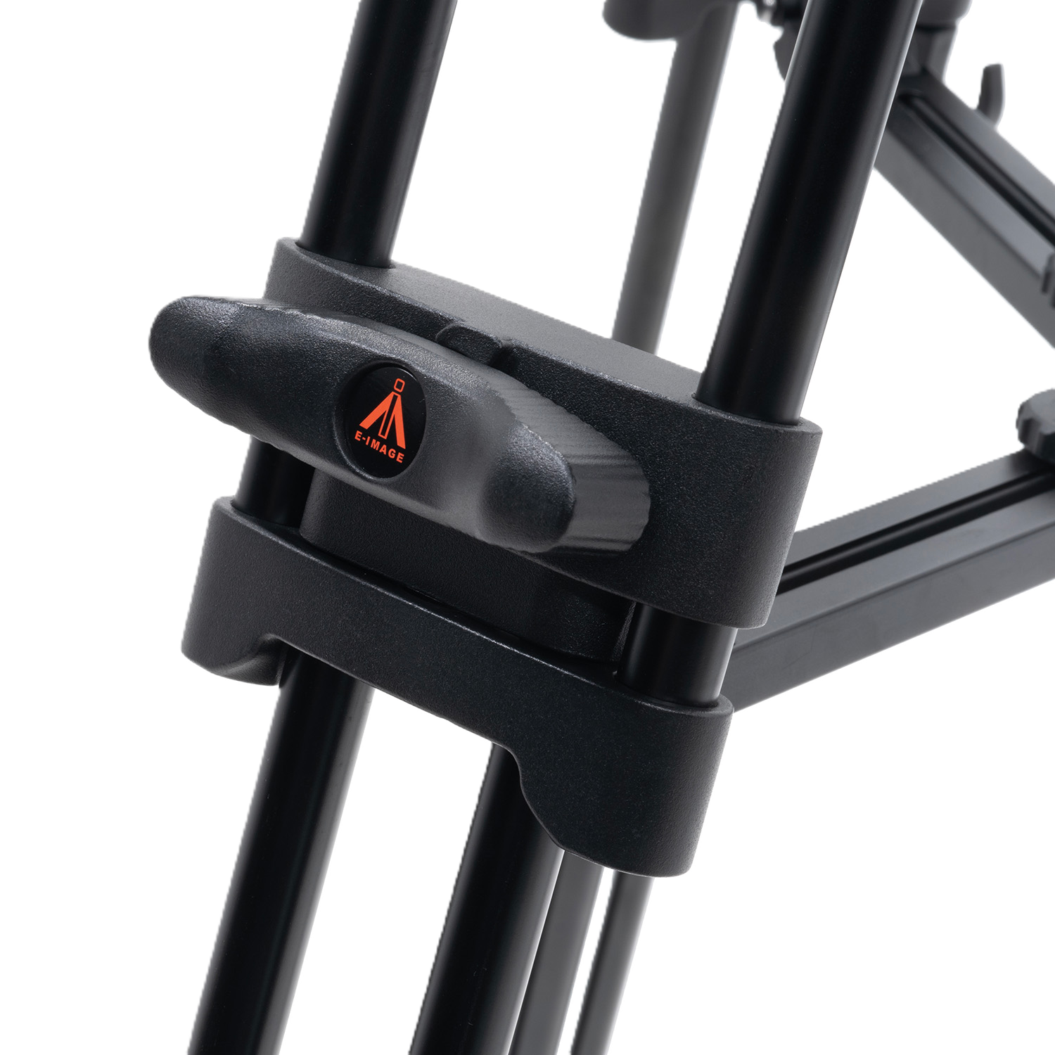 Black tripod with a clamp on a white background