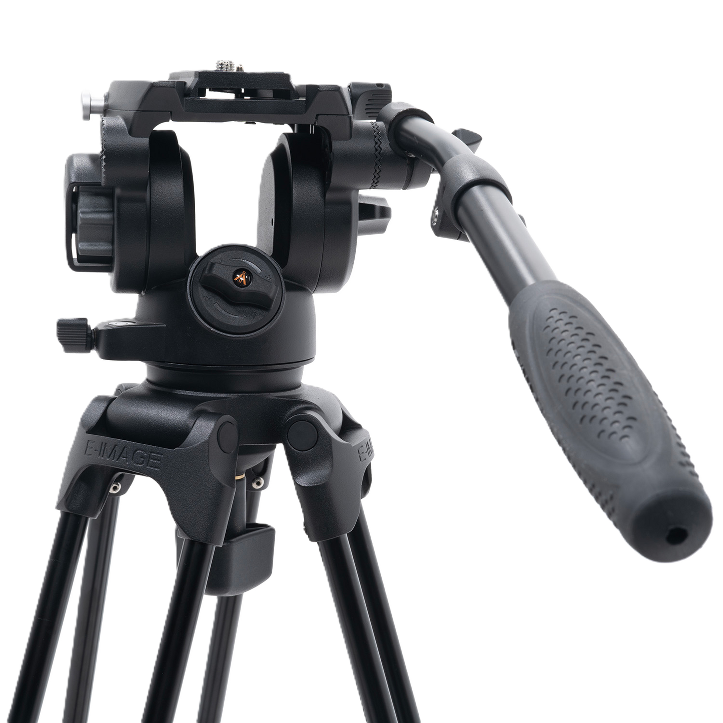 Black camera tripod with head on a white background
