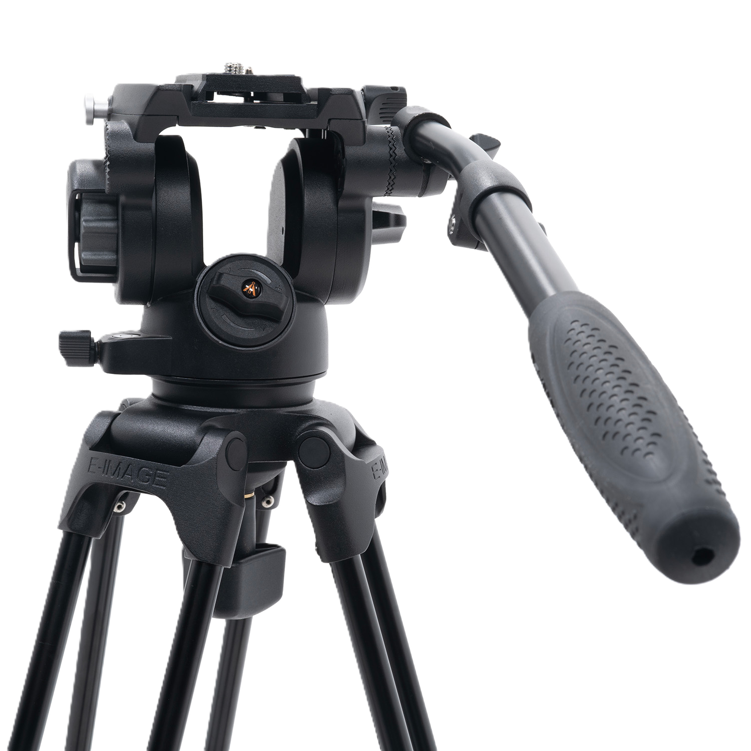 Black camera tripod with head on a white background