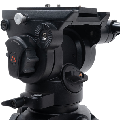 Close-up of a black camera or gimbal stabilizer with brand logo on a white background
