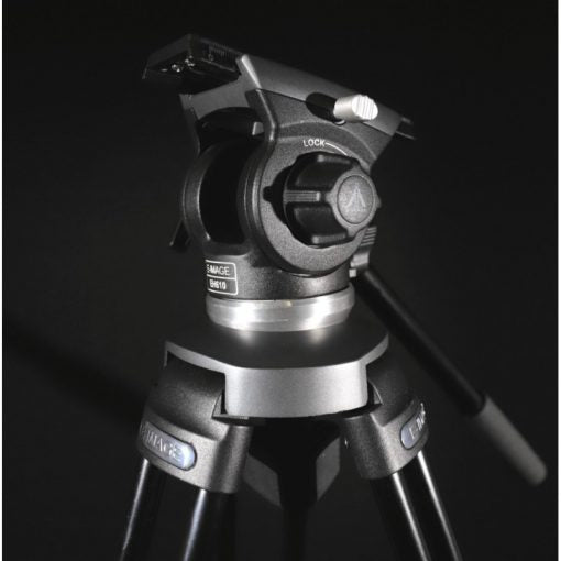 Camera tripod head with brand logo on a black background