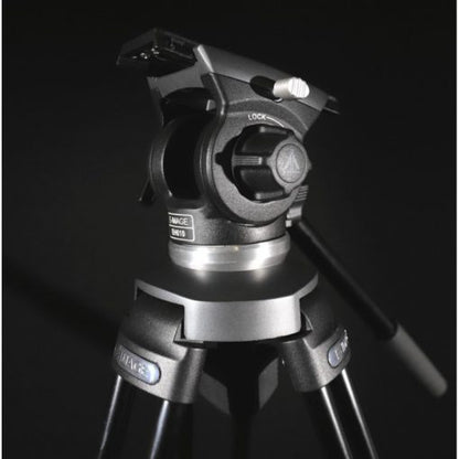 Camera tripod head with brand logo on a black background