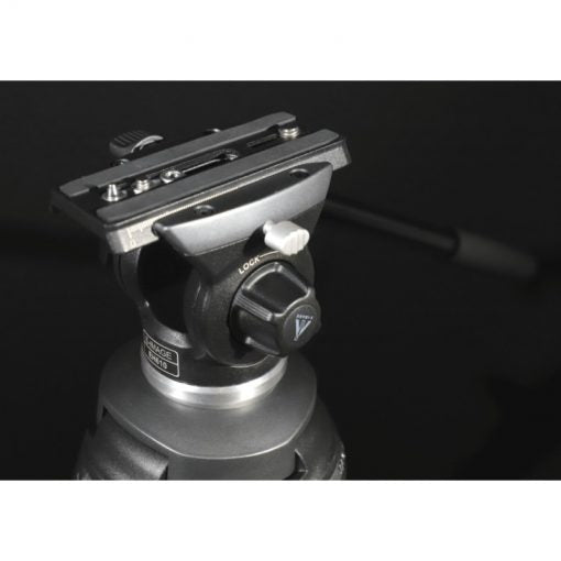 Camera tripod head with quick release plate on a black background