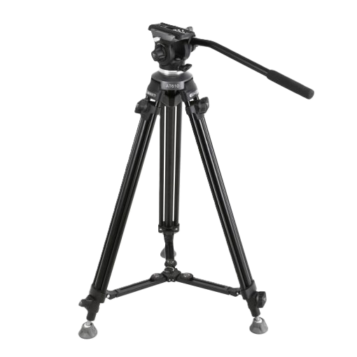 Black camera tripod with pan head on a white background