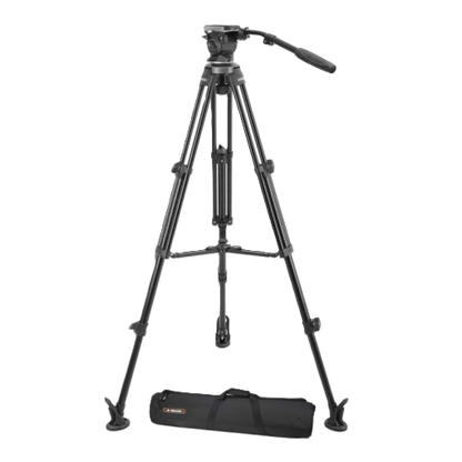 Black camera tripod with carrying bag on a white background