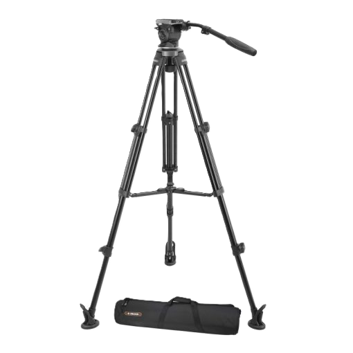 Black camera tripod with carrying bag on a white background