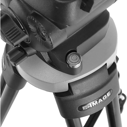 Close-up of a camera tripod with 'E-Image' branding on a white background