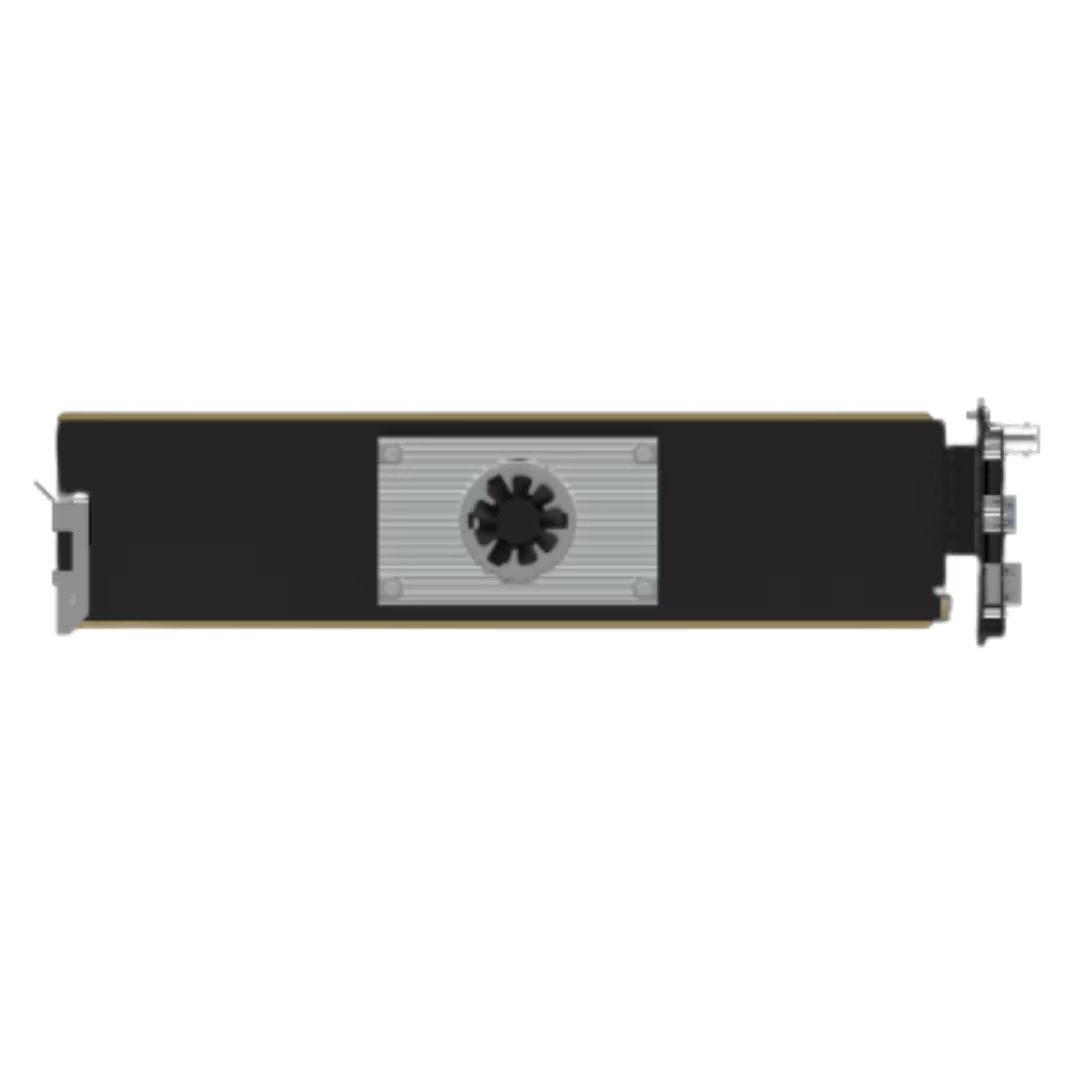 A long, rectangular black electronic component or hardware module with a silver center panel, a circular fan-like detail, and small metal connectors on the right side, shown on a plain white background.