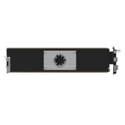 A long, rectangular black electronic component or hardware module with a silver center panel, a circular fan-like detail, and small metal connectors on the right side, shown on a plain white background.
