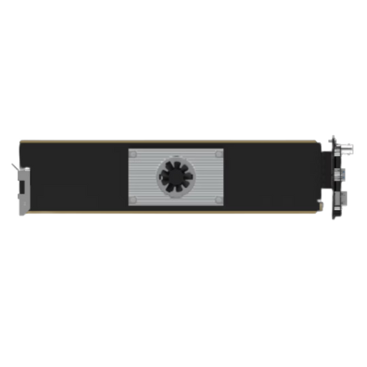 A long, rectangular black electronic component or hardware module with a silver center panel, a circular fan-like detail, and small metal connectors on the right side, shown on a plain white background.