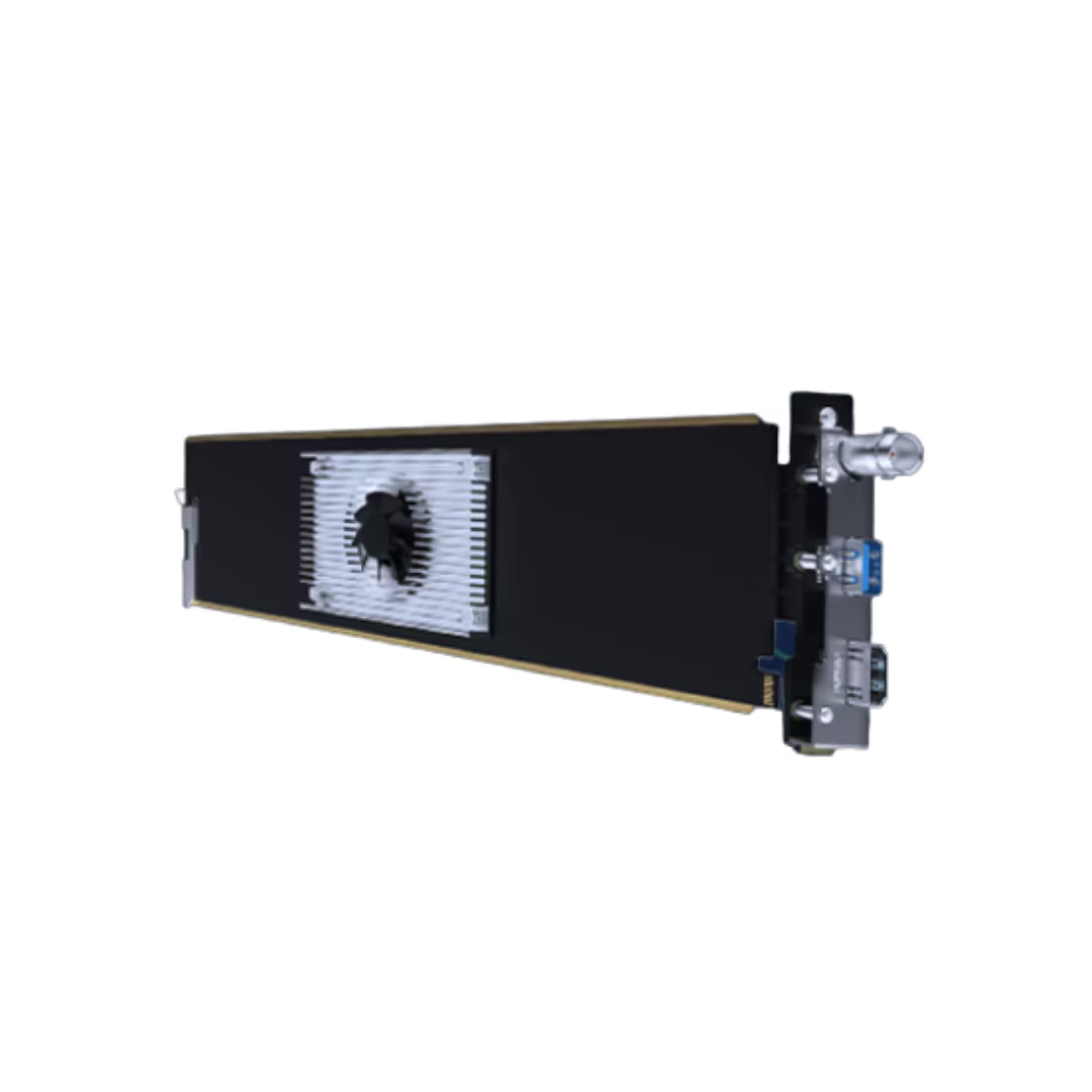 A long, narrow black electronic module or card with a white ribbed heat sink and metal connectors on the right side, shown on a plain white background.