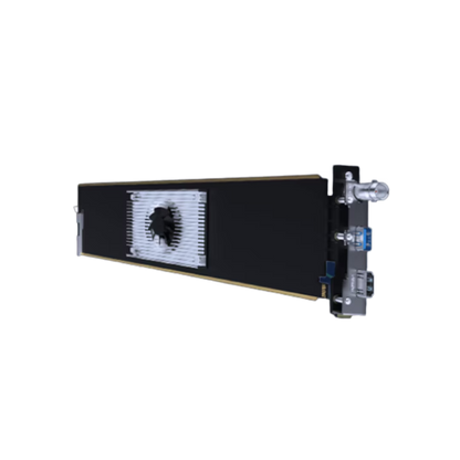 A long, narrow black electronic module or card with a white ribbed heat sink and metal connectors on the right side, shown on a plain white background.