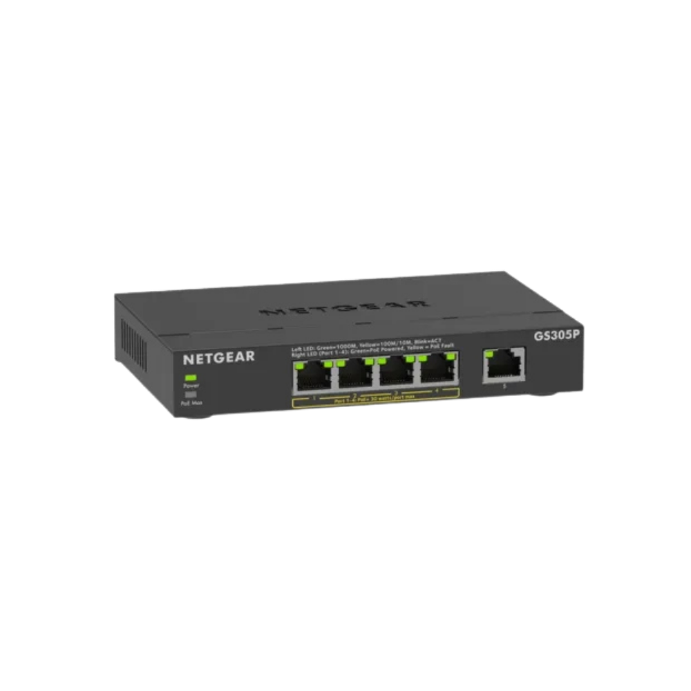 Netgear GS305P 4-port gigabit switch in black, featuring four RJ45 ports with green LED indicators and a single RJ45 port on the front, shown on a plain white background.