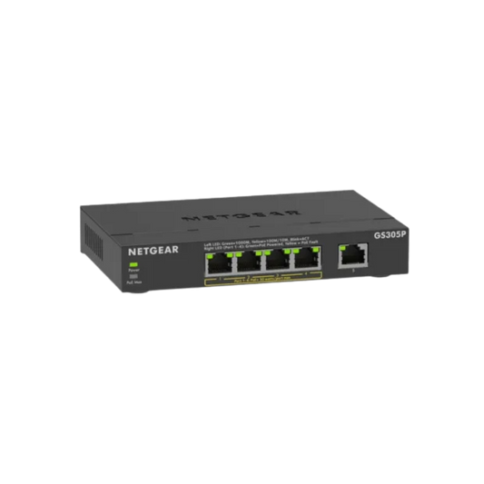 Netgear GS305P 4-port gigabit switch in black, featuring four RJ45 ports with green LED indicators and a single RJ45 port on the front, shown on a plain white background.