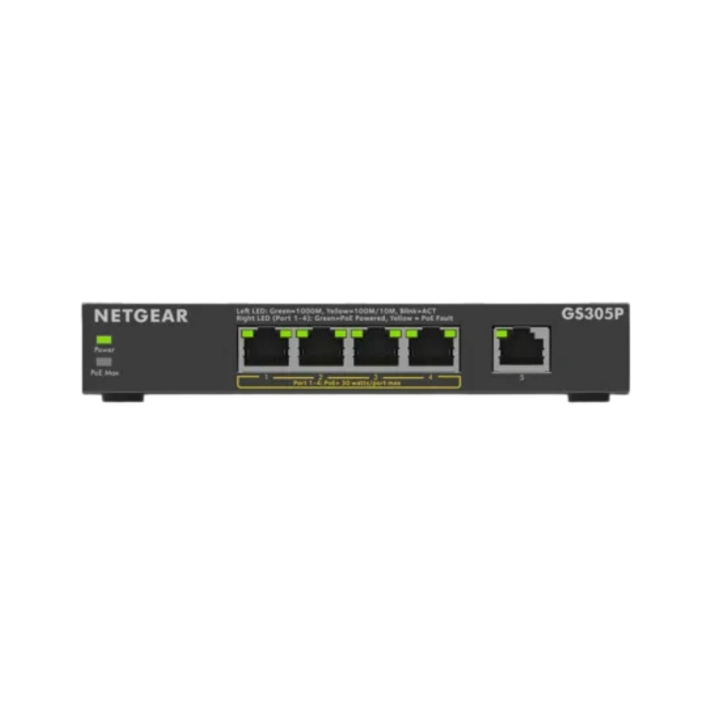 Netgear GS305P 4-port Gigabit Ethernet switch, featuring four RJ45 ports with green LED indicators and one LAN port, on a plain white background.