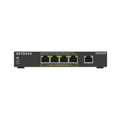 Netgear GS305P 4-port Gigabit Ethernet switch, featuring four RJ45 ports with green LED indicators and one LAN port, on a plain white background.