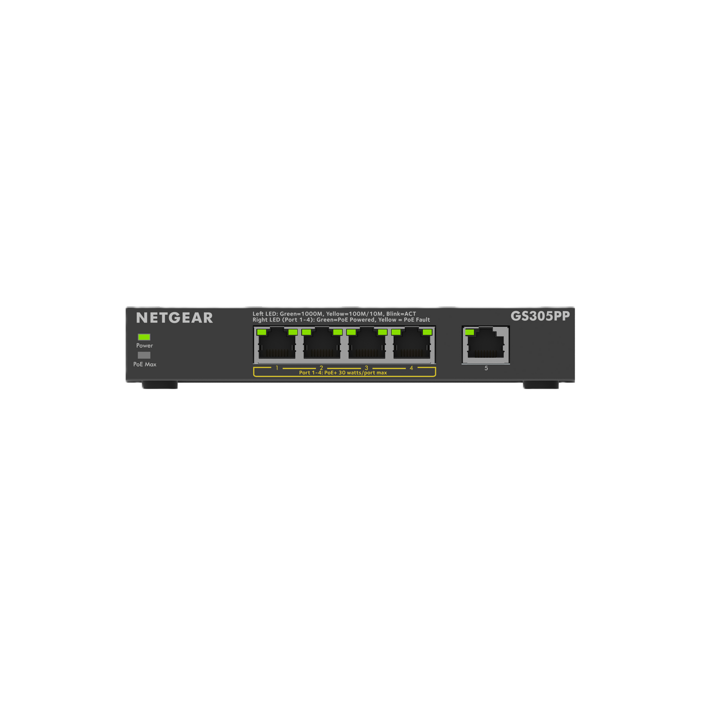 Netgear GS305PP 4-port Gigabit Ethernet switch, shown from the front on a solid white background.