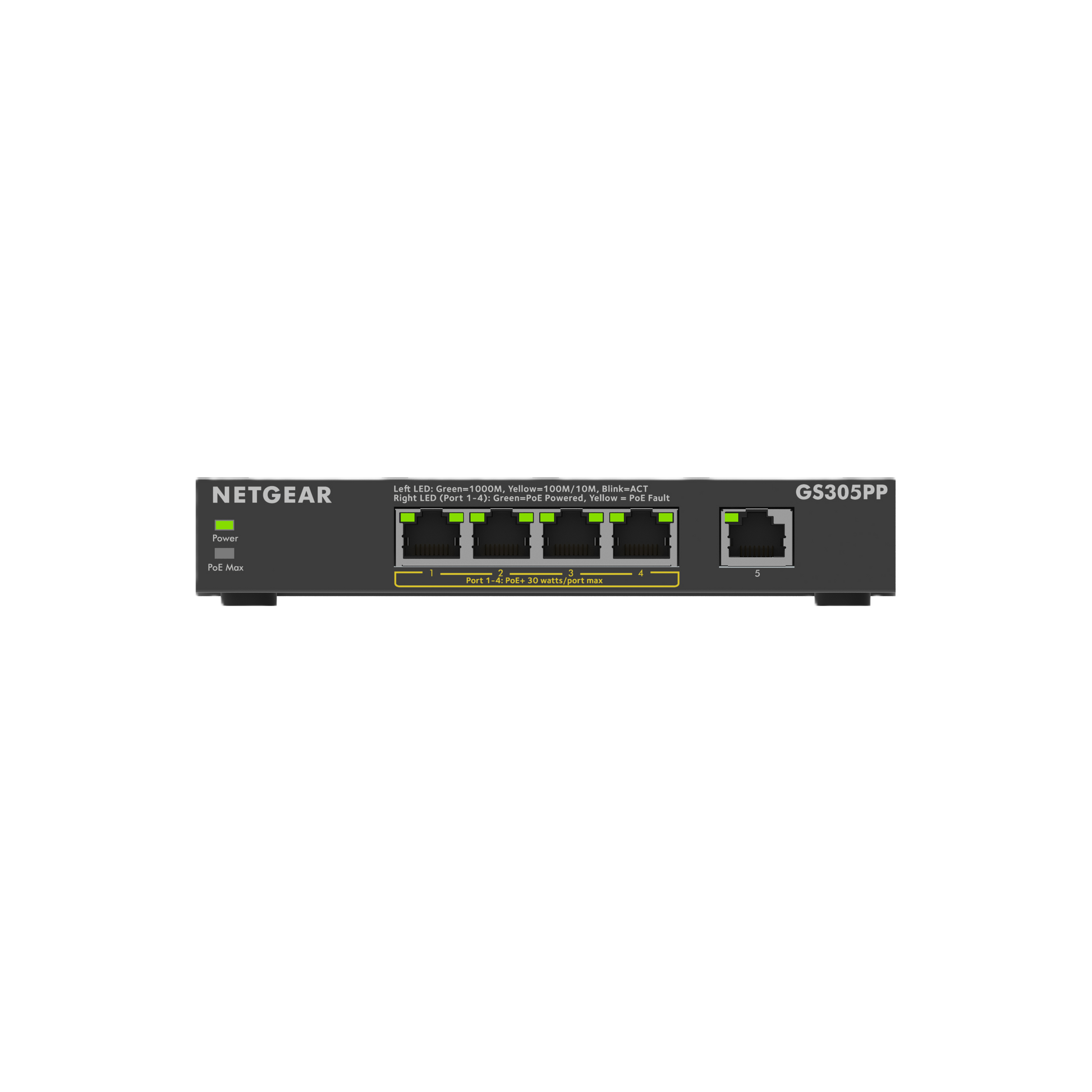 Netgear GS305PP 4-port Gigabit Ethernet switch, shown from the front on a solid white background.