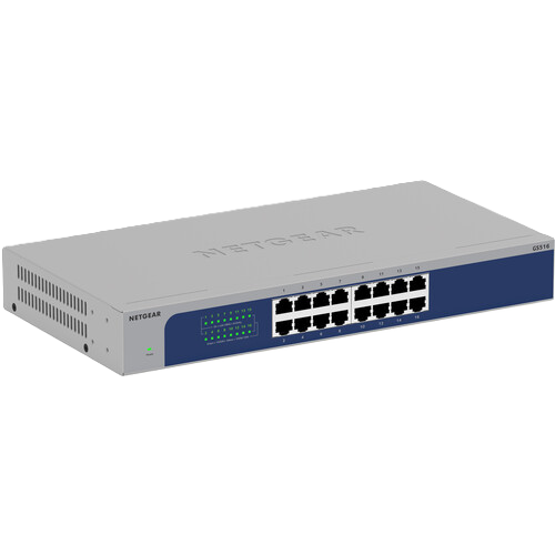 Netgear GS2048G 24-port Gigabit Ethernet switch, featuring a gray metal chassis with a dark blue front panel, 16 RJ45 ports, and LED status indicators.