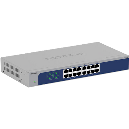 Netgear GS2048G 24-port Gigabit Ethernet switch, featuring a gray metal chassis with a dark blue front panel, 16 RJ45 ports, and LED status indicators.