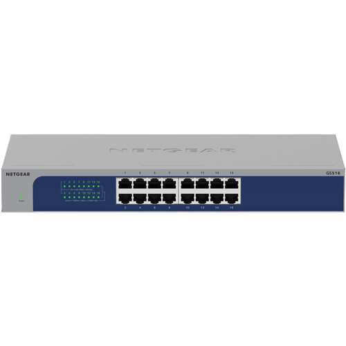 NETGEAR network switch with 16 ports on a white background