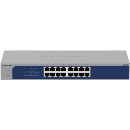 NETGEAR network switch with 16 ports on a white background