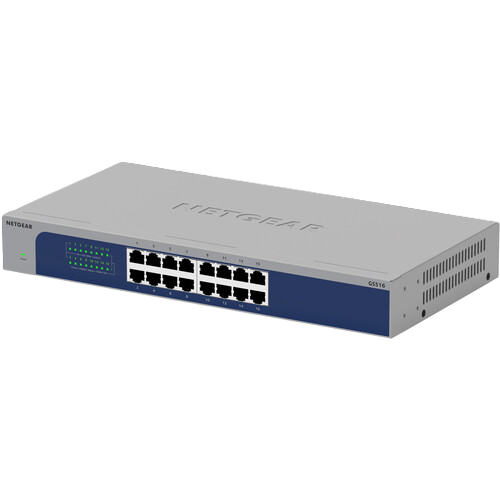 Netgear GS1016 16-port switch with a silver metal casing, a blue front panel, and 16 RJ45 ports, shown on a white background.