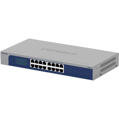 Netgear GS1016 16-port switch with a silver metal casing, a blue front panel, and 16 RJ45 ports, shown on a white background.