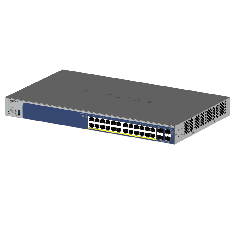 Network switch with multiple ports on a white background