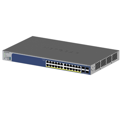 Network switch with multiple ports on a white background